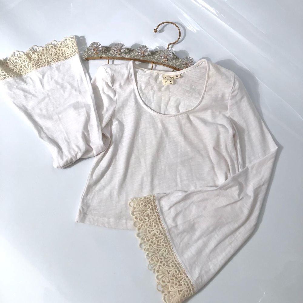 LA Hearts Cropped Lace Trim Long Bell Sleeve White Cotton Top Size XS